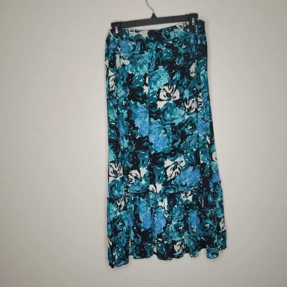 Vintage y2k 90s black blue grunge floral tiered midi pull on skirt size large